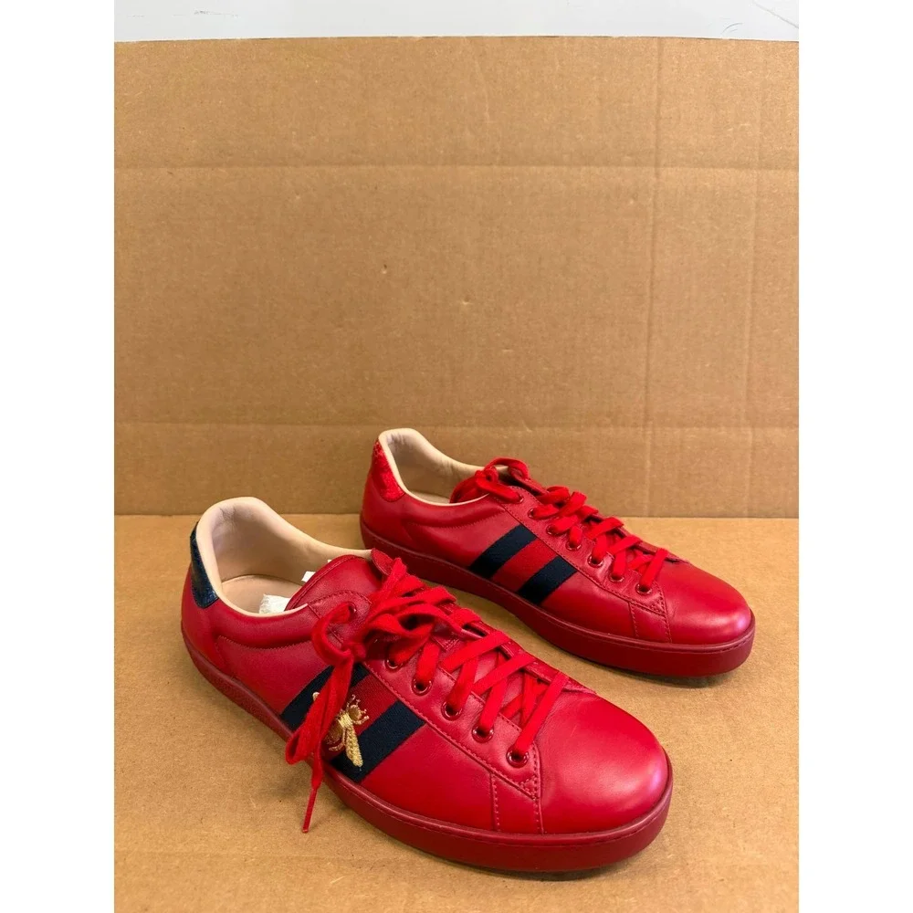 Gucci Ace Embroidered Bee Leather Low Top Sneakers Red Navy Mens Size 10 US